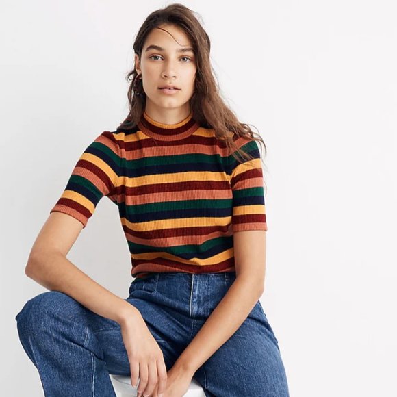 Madewell Tops - Ribbed Mockneck Top in Rainbow Stripe